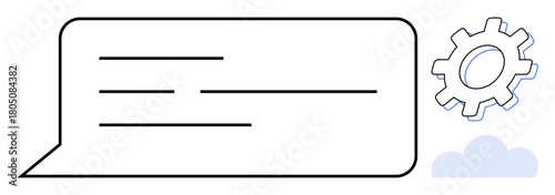Speech bubble containing lines of text alongside a gear icon and cloud shape. Ideal for themes thumbs up communication, innovation, productivity, technology, settings, collaboration, simple flat