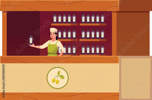 Farm stand market seller woman holding glass jar with olive oil, vector olive fruit extra virgin farm product promotion