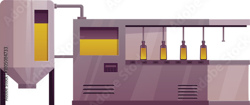 Olive oil production modern automated facility line, oil virgin extraction bottling and packaging pouring process vector