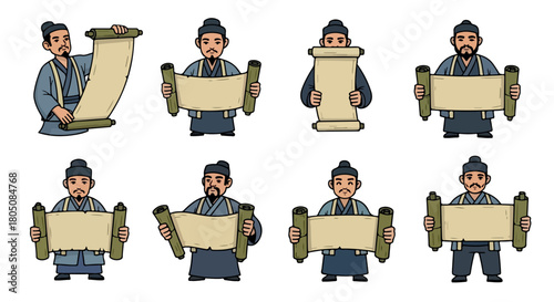 Ancient scholar holding scrolls in various poses