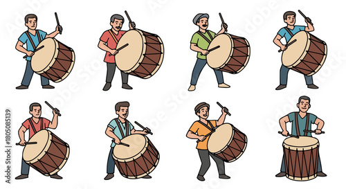 Men playing drums in various poses