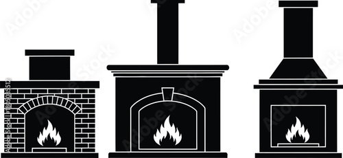 Three varied fireplace designs with flickering flames icon set