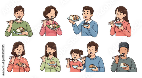 People eating with chopsticks in various settings