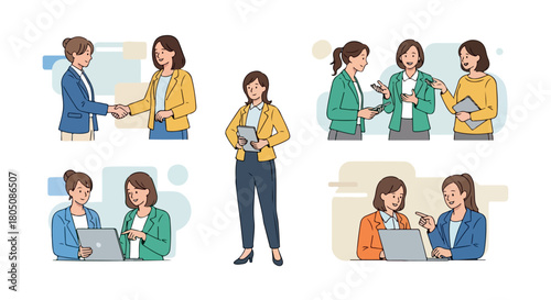 Businesswomen collaborating and interacting in various scenarios
