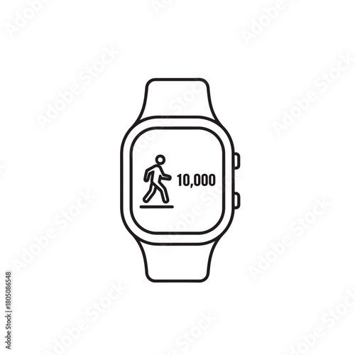 Minimalist line icon of a smartwatch displaying a pedometer with a 10,000 step count.