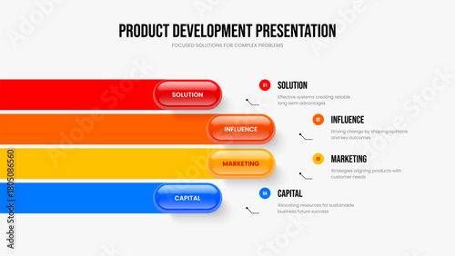 Marketing Visualization 4 Step Diagram Slide Layout. Sales Showcase Frame Template Vector Illustration. Service Planning Four Element Infographic Slideshow Design.