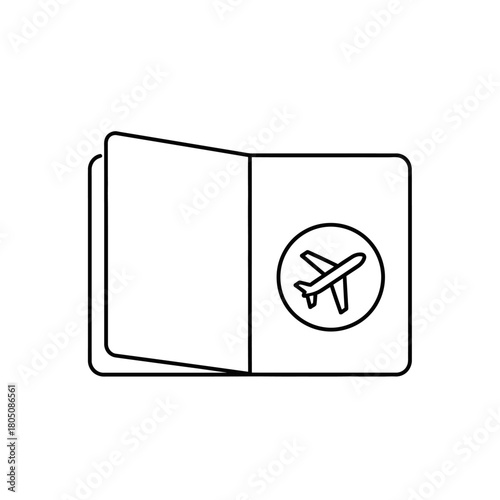 Open Passport Icon with Airplane Symbol, Black and White Outline Illustration.
