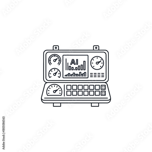 Open portable case with an AI diagnostic interface, gauges, and keyboard, in a minimalist line art style.