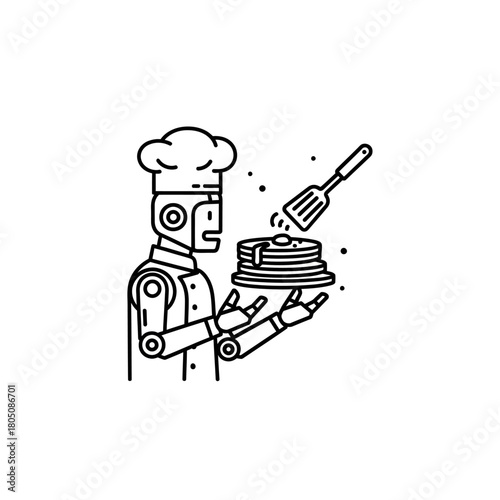 Robot chef flipping pancakes with a spatula, wearing a traditional toque, serving a stack of breakfast food.