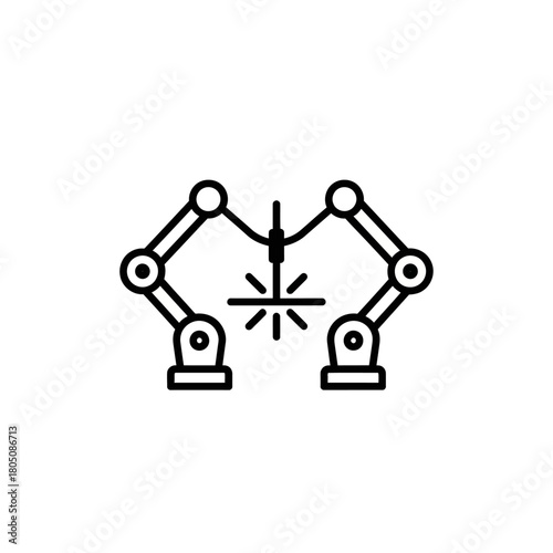 Robotic arms welding with laser beam, industrial automation, precise manufacturing process.