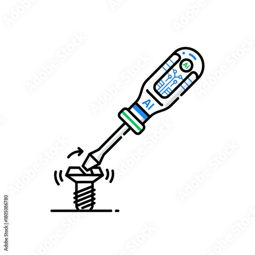 Screwdriver turning a screw with motion lines, black outline, blue and green accents.