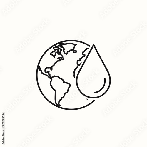 Simple Black and White Earth Globe with Water Drop Icon, Concept.