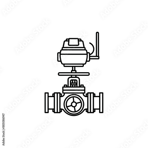 Smart water meter line art illustration with valve and antenna, black outline, precise technical drawing.