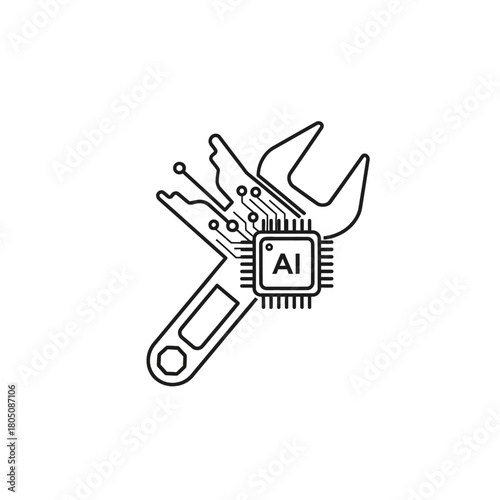 A black line art icon of a wrench tool integrated with a circuit board featuring a central AI microprocessor.