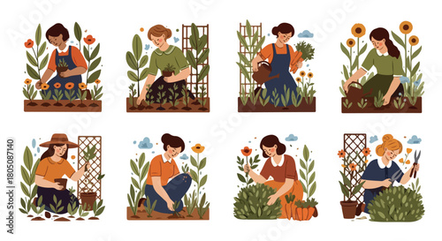 Women gardening flowers and vegetables in a garden