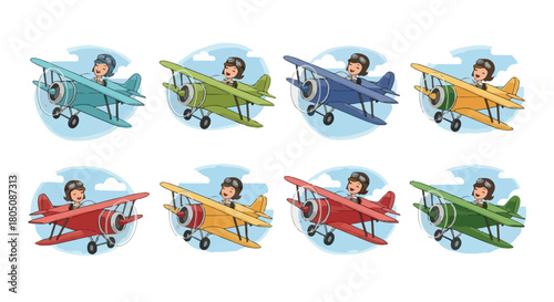 Female pilots flying biplanes in various colors