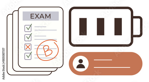 Exam papers marked with a grade, low battery icon signifying exhaustion, and user profile. Ideal for education, exams, fatigue, productivity, student life evaluation and analytics. A simple flat