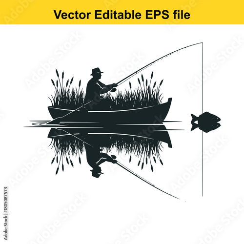 Silhouette of a fisherman in a boat, casting a fishing rod in a lake surrounded by reeds, with a fish nearby