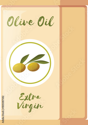 Olive oil tin can with label green olive fruits, olive extra virgin farm product, vector organic cooking ingredient