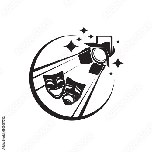 icon of comedy and tragedy theatrical masks with spotlight isolated on white background