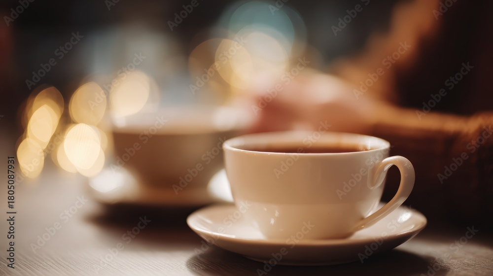 Fototapeta premium 277. friends enjoying coffee in a cozy cafe, warm tone, controlled studio lighting, balanced rule of thirds, generic props only