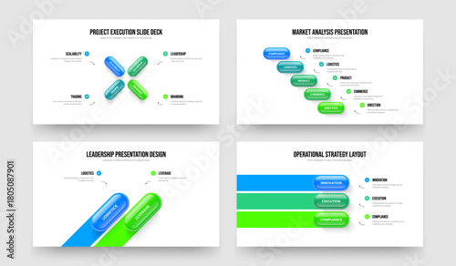 Sales Solution Four Five Two Three Element Diagram Slideshow Design Vector Illustration Set. Visual Planning 4 5 2 3 Option Infographic Slide Layout Bundle.