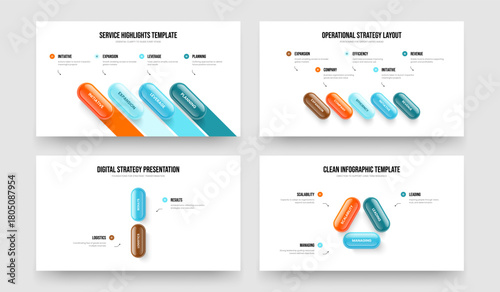 Financial Report Four Five Two Three Option Diagram Frame Design Vector Illustration Collection. Enterprise Development 4 5 2 3 Element Infographic Presentation Template Set.