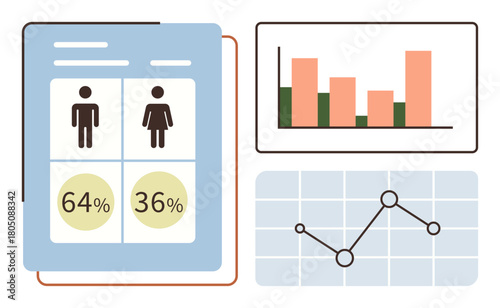 Gender demographic analysis with percentage figures, bar chart, and line graph. Ideal for data analysis, population study, report visualization, business planning, presentations, education simple