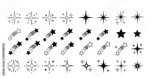 Collection of stylized starbursts and shooting stars in black and white vector graphics