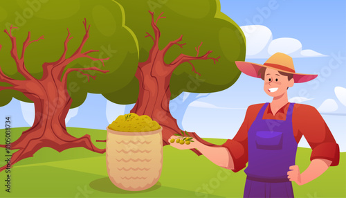 Man farmer holding green olives in olive trees garden, vector agricultural plant harvesting, organic food production