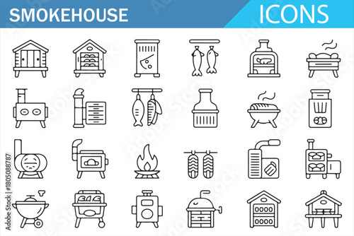 Smokehouse Structures, Meat Hooks, and Stoves Line Icons