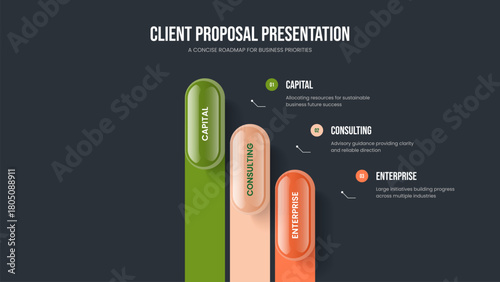 Marketing Campaign Presentation Template Vector Illustration. Investor Development Three Element Infographic Slideshow Design. Consulting Innovation 3 Step Diagram Frame Layout.