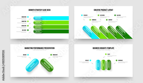 Investor Strategy 4 5 2 3 Element Infographic Slideshow Layout Set. Marketing Overview Four Five Two Three Step Diagram Presentation Design Vector Illustration Collection.