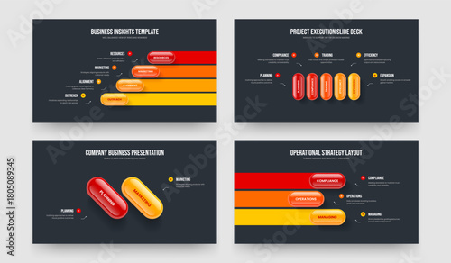 Project Growth 4 5 2 3 Option Diagram Slideshow Template Bundle. Modern Insight Four Five Two Three Element Infographic Slide Layout Vector Illustration Collection.