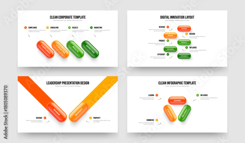 Visual Review Four Five Two Three Element Diagram Slideshow Template Vector Illustration Set. Financial Showcase 4 5 2 3 Option Infographic Slide Layout Bundle.