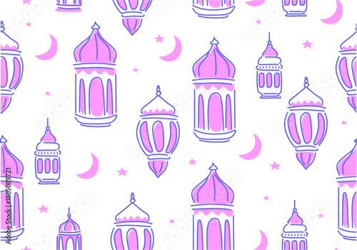 Seamless pattern of Ramadan lanterns  crescent moons  and stars.  Minimalist festive  for backgrounds