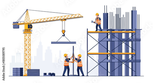 Construction workers in hard hats and safety vests operate a crane and build scaffolding on a city skyline background