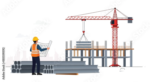 Construction worker in hard hat and safety vest reviewing blueprints at a building site with crane and steel beams