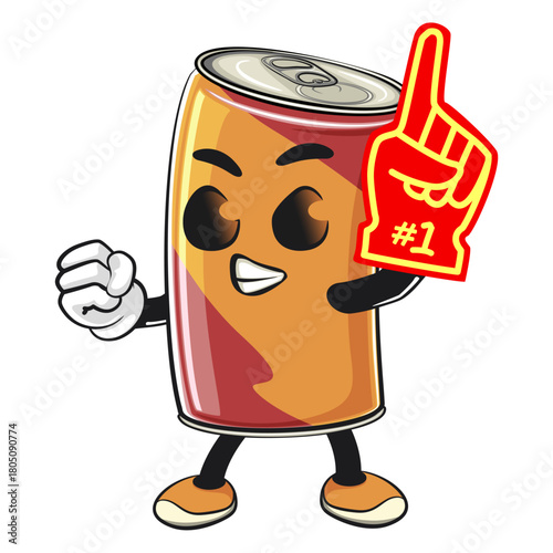 cute soda can mascot raise foam finger, cartoon drink character vector illustration, work of hand drawn