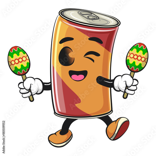 cute soda can mascot plays with maracas, cartoon drink character vector illustration, work of hand drawn