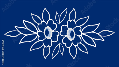 Grannys white lacy with flowers and leaves. Monochrome flowers design element. Vintage embroidery white floral motif on blue background