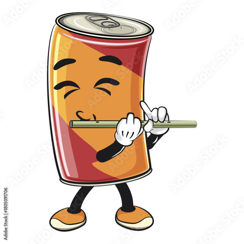 cute soda can mascot playing the flute, cartoon drink character vector illustration, work of hand drawn