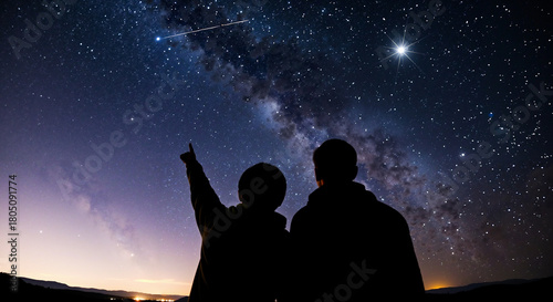 Couple silhouette in awe stargazing and pointing at a shooting star under the magical Milky Way
