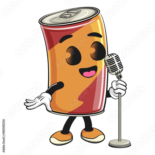 cute soda can mascot on front of the mic, cartoon drink character vector illustration, work of hand drawn
