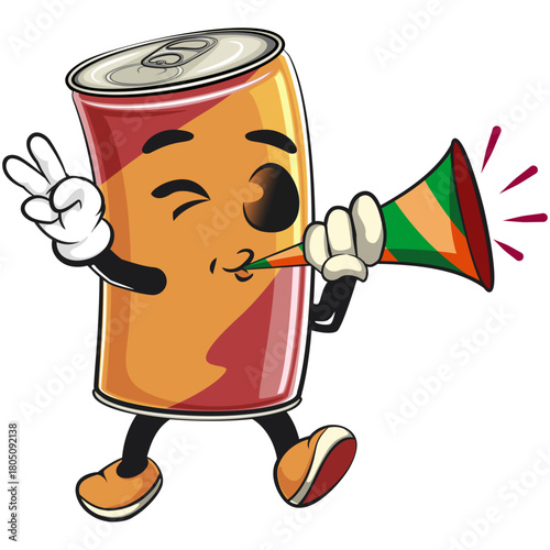 cute soda can mascot blow the party horn trumpet, cartoon drink character vector illustration, work of hand drawn