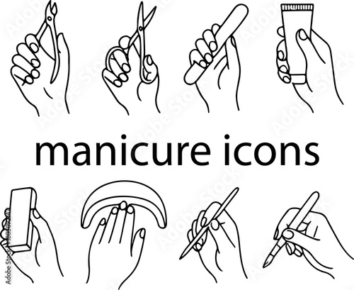 set of icons of female hands holding various tools for manicure and pedicure, for social networks, holiday printing or other designs