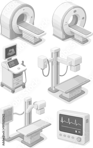 set of icons of various devices, namely MRI and ultrasound devices for health research in isometric style, for social networks, holiday printing or other designs