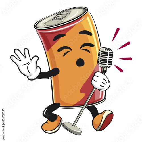 cute soda can mascot sing with maximum style, cartoon drink character vector illustration, work of hand drawn