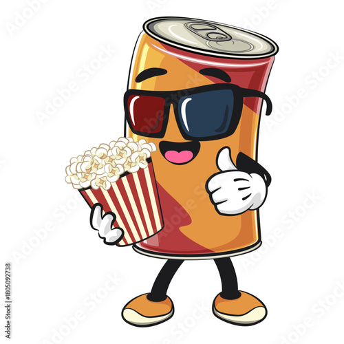 cute soda can mascot with a bucket of popcorn with wearing 3d glasse, cartoon drink character vector illustration, work of hand drawn