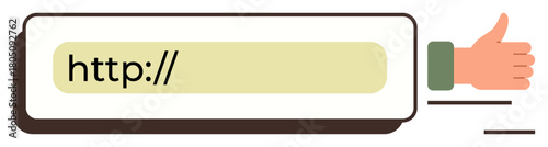URL search bar with a highlighted link and thumbs-up hand gesture. Ideal for websites, approval, online interaction, digital success, validation, web design, simple flat metaphor